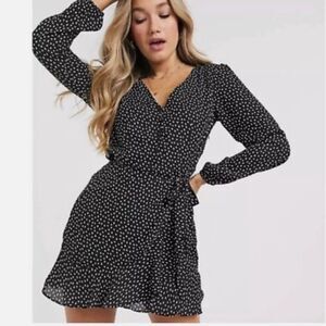 Abercrombie Fitch Faux Wrap Mini Flounce Dress Women’s XS Black White Polka Dot